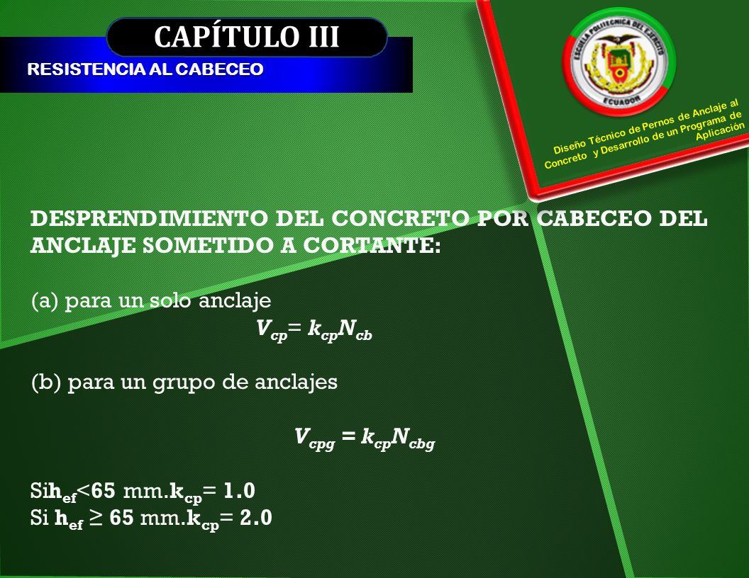 CAPÍTULO III RESISTENCIA AL CABECEO. Diseño Técnico de Pernos de Anclaje al Concreto y Desarrollo de un Programa de Aplicación.