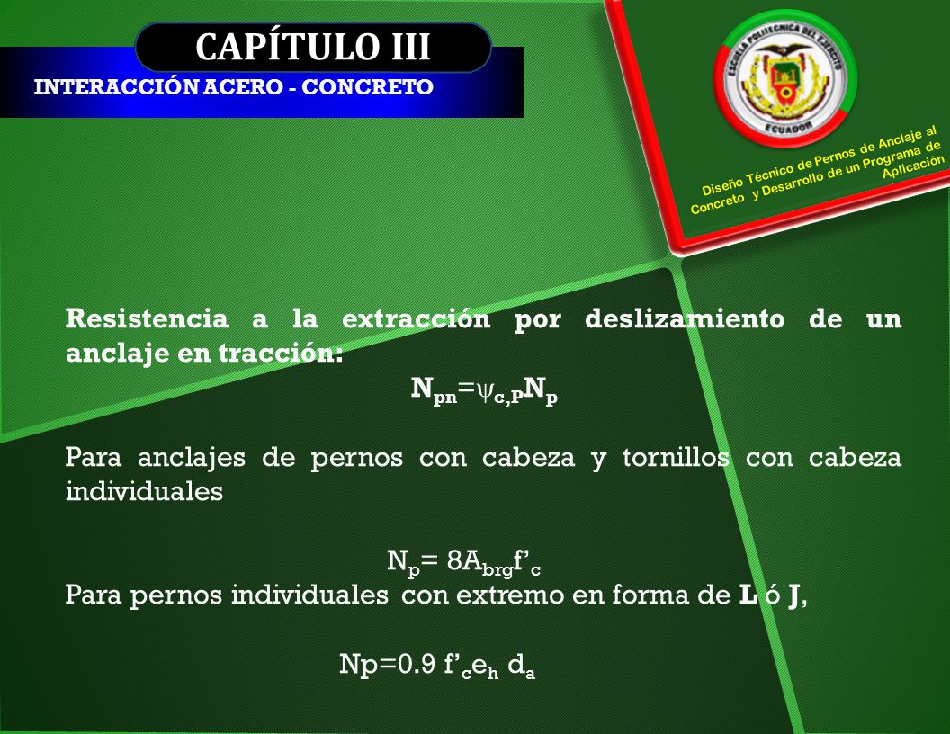 CAPÍTULO III INTERACCIÓN ACERO - CONCRETO. Diseño Técnico de Pernos de Anclaje al Concreto y Desarrollo de un Programa de Aplicación.