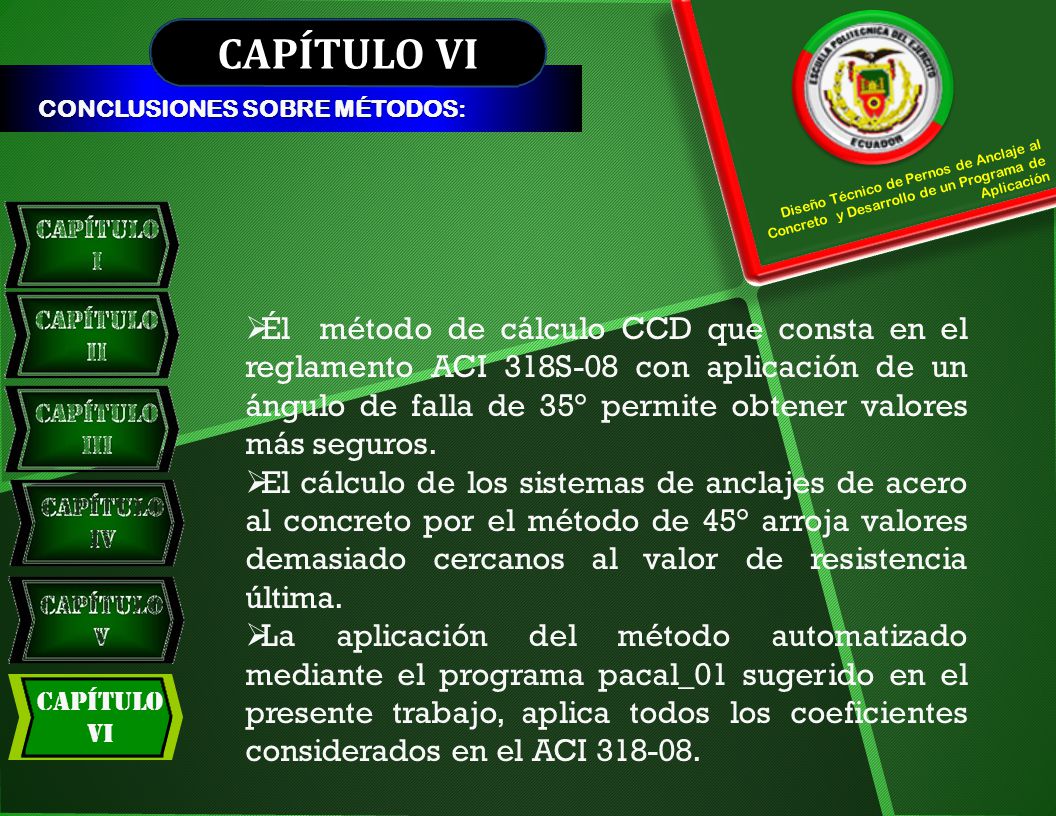 CAPÍTULO VI CONCLUSIONES SOBRE MÉTODOS: Diseño Técnico de Pernos de Anclaje al Concreto y Desarrollo de un Programa de Aplicación.