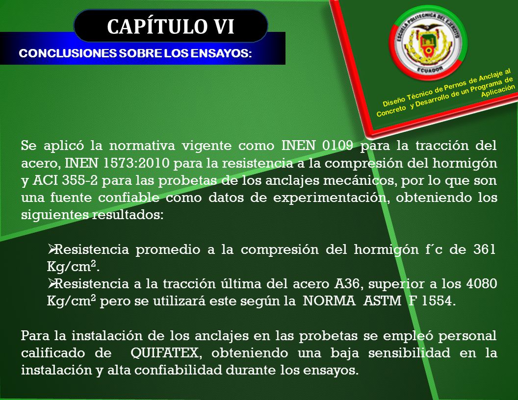 CAPÍTULO VI CONCLUSIONES SOBRE LOS ENSAYOS: Diseño Técnico de Pernos de Anclaje al Concreto y Desarrollo de un Programa de Aplicación.