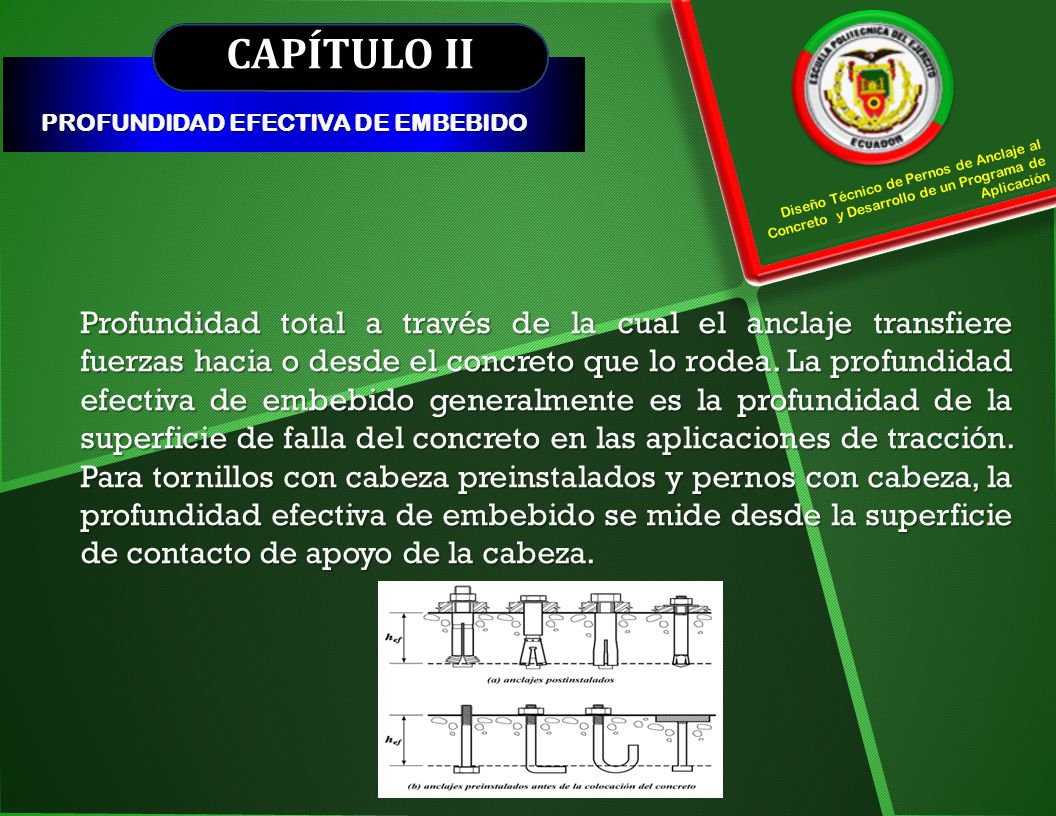 CAPÍTULO II PROFUNDIDAD EFECTIVA DE EMBEBIDO. Diseño Técnico de Pernos de Anclaje al Concreto y Desarrollo de un Programa de Aplicación.