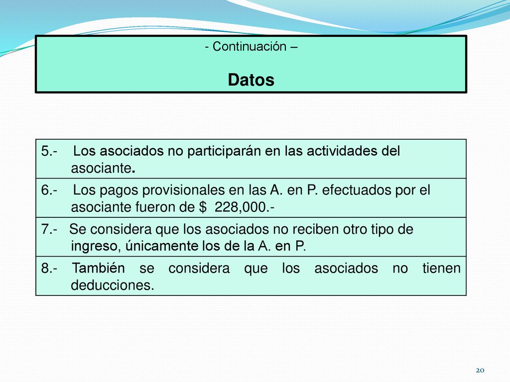 Continuación – Datos. 5.- Los asociados no participarán en las actividades del asociante.