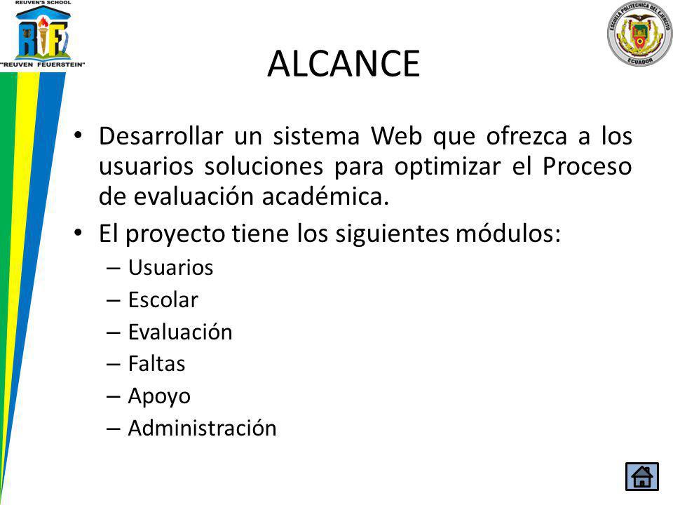ALCANCE Desarrollar un sistema Web que ofrezca a los usuarios soluciones para optimizar el Proceso de evaluación académica.