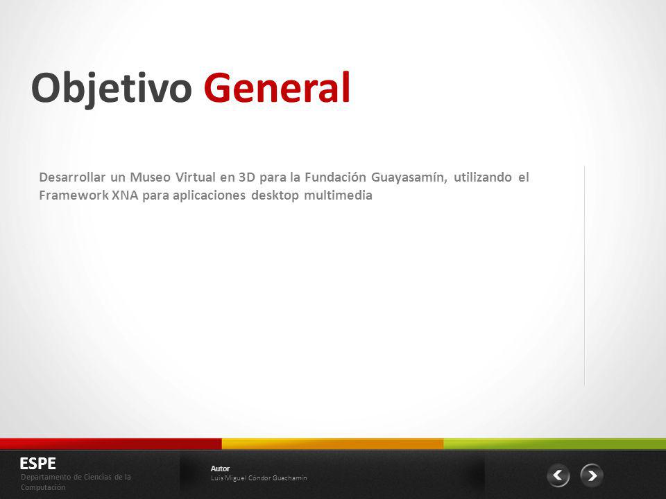 Objetivo General Desarrollar un Museo Virtual en 3D para la Fundación Guayasamín, utilizando el Framework XNA para aplicaciones desktop multimedia.