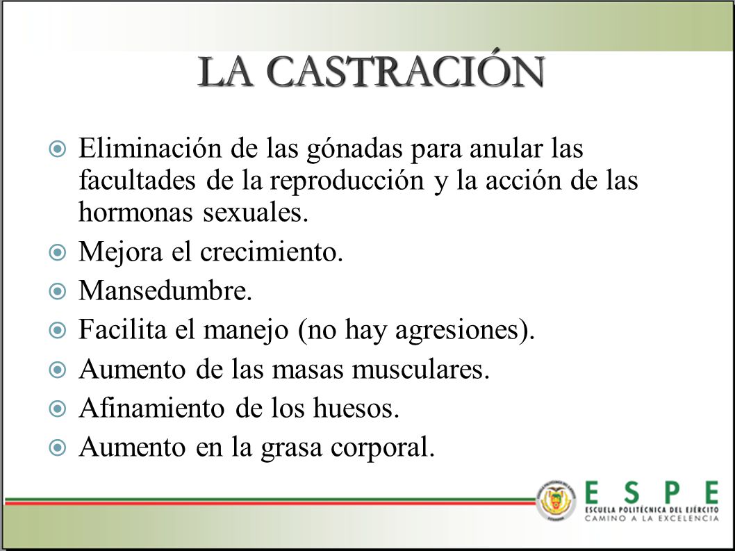 LA CASTRACIÓN Eliminación de las gónadas para anular las facultades de la reproducción y la acción de las hormonas sexuales.