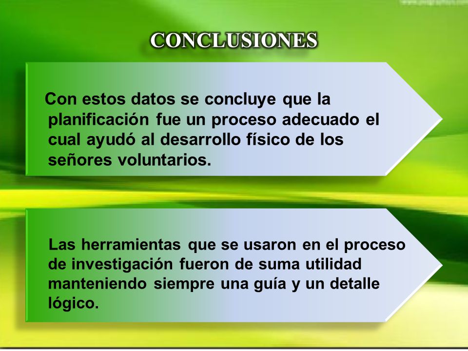 CONCLUSIONES Con estos datos se concluye que la planificación fue un proceso adecuado el cual ayudó al desarrollo físico de los señores voluntarios.