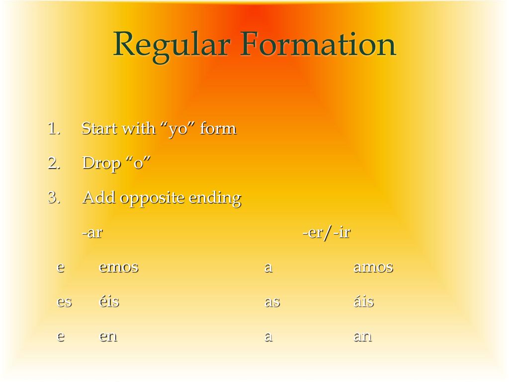 Regular Formation Start with yo form Drop o Add opposite ending