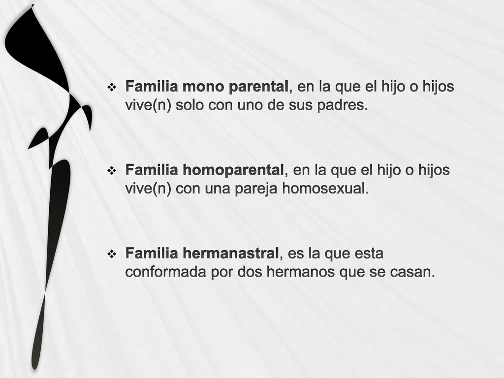 Familia mono parental, en la que el hijo o hijos vive(n) solo con uno de sus padres.