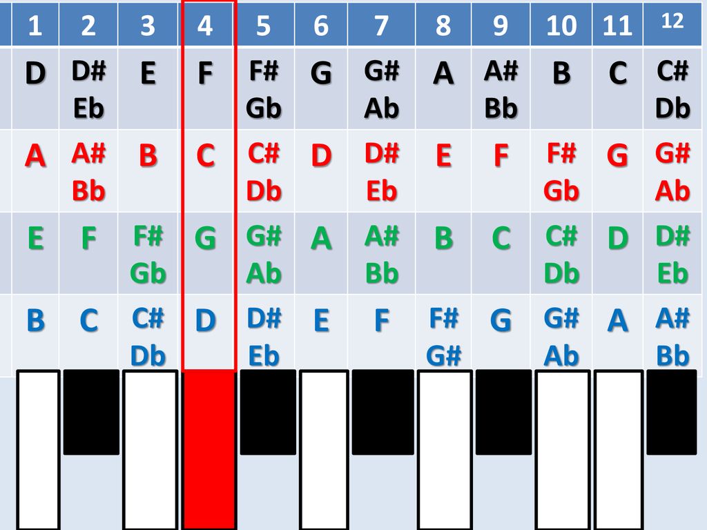 D E F G A B C D# Eb F# Gb G# Ab A# Bb C# Db 12