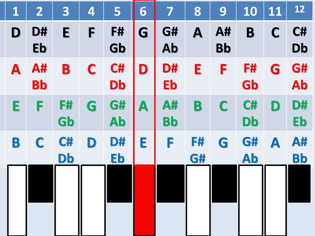 D E F G A B C D# Eb F# Gb G# Ab A# Bb C# Db 12