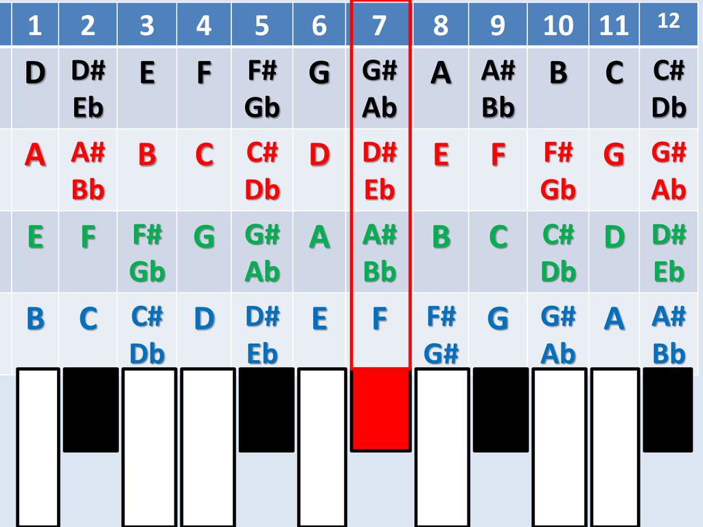 D E F G A B C D# Eb F# Gb G# Ab A# Bb C# Db 12
