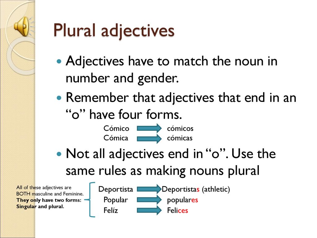 Plural adjectives Adjectives have to match the noun in number and gender. Remember that adjectives that end in an o have four forms.