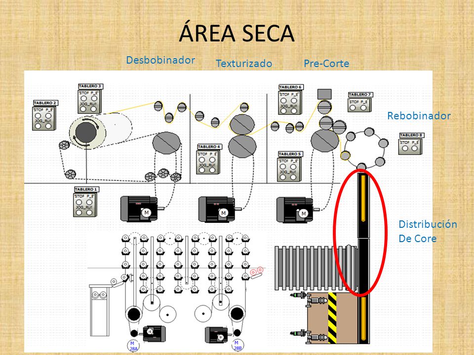 ÁREA SECA Desbobinador Texturizado Pre-Corte Rebobinador Distribución