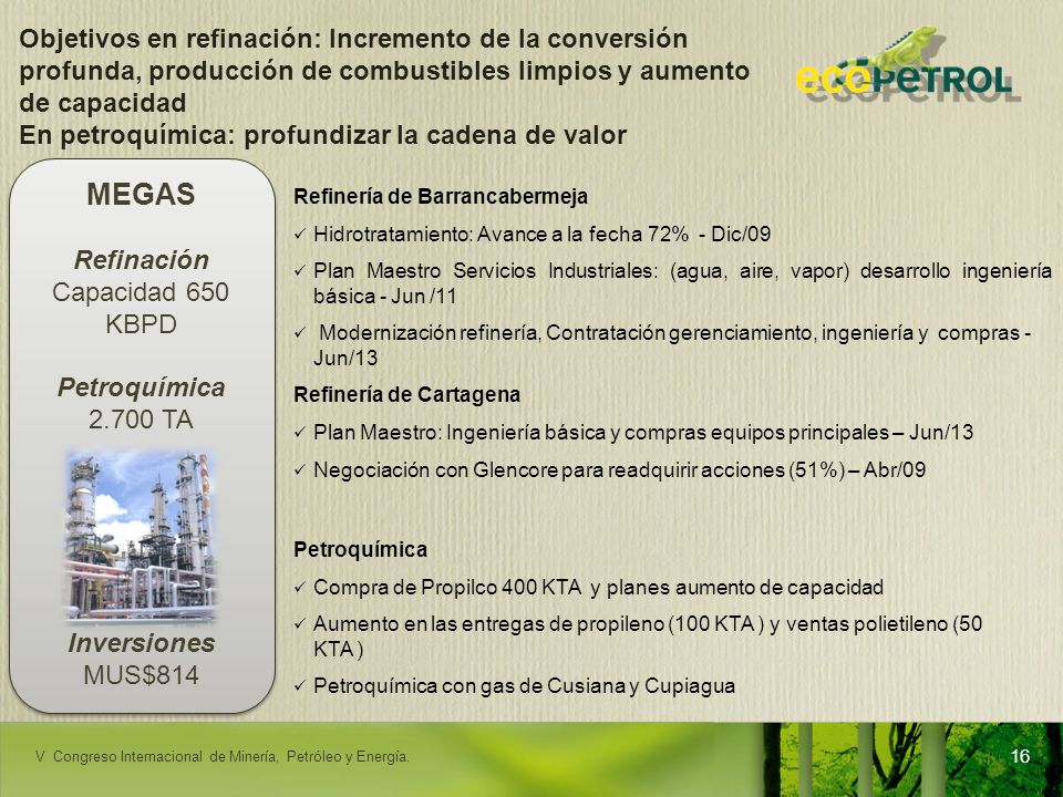 Objetivos en refinación: Incremento de la conversión profunda, producción de combustibles limpios y aumento de capacidad