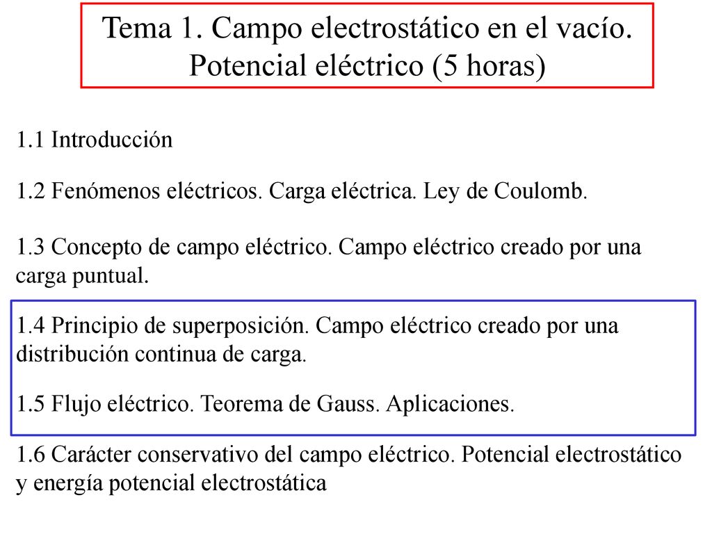 Tema 1. Campo electrostático en el vacío. Potencial eléctrico (5 horas)