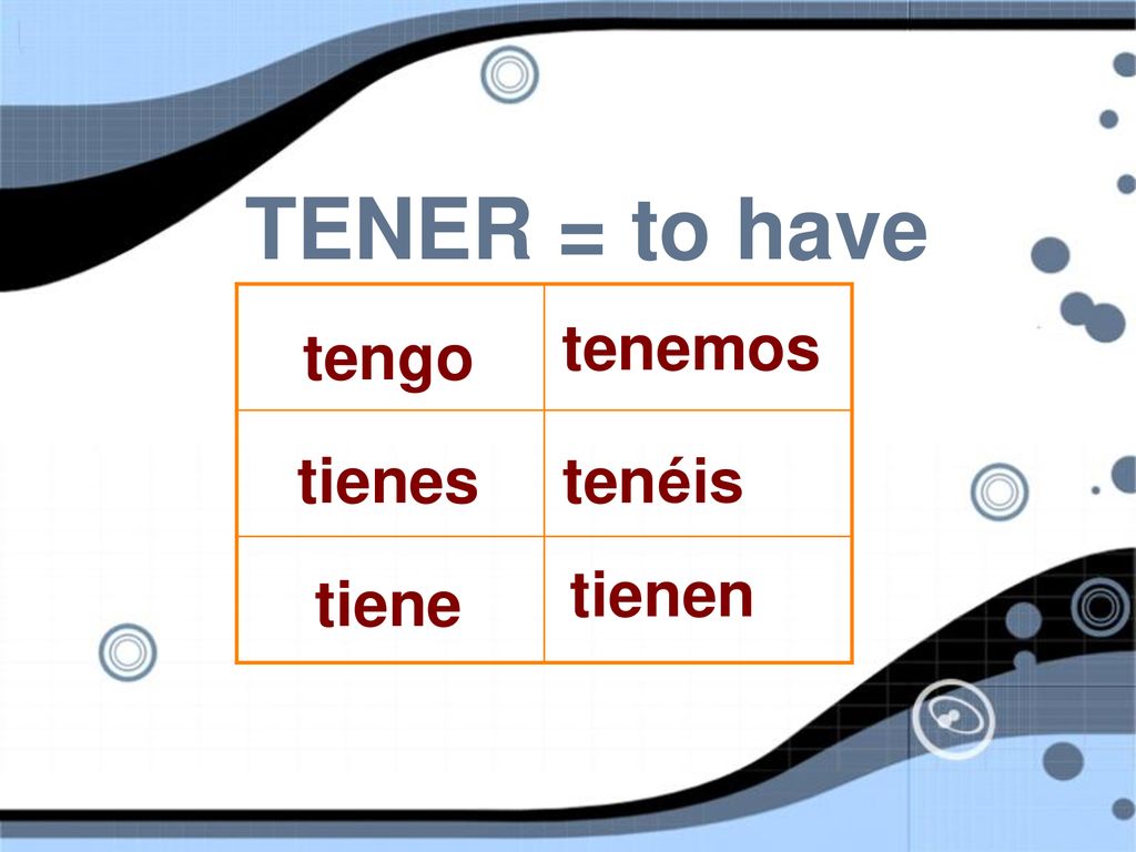 TENER = to have tenemos tengo tienes tenéis tienen tiene