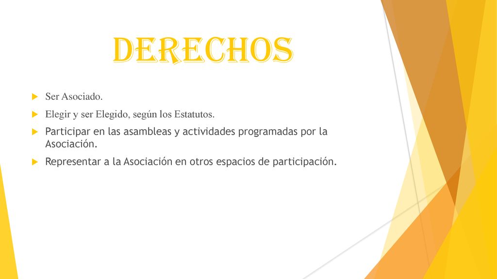 DERECHOS Ser Asociado. Elegir y ser Elegido, según los Estatutos.