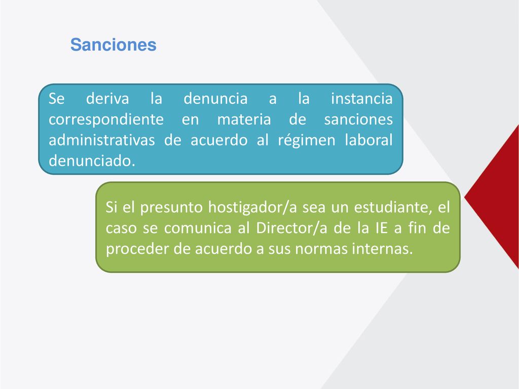 Sanciones Se deriva la denuncia a la instancia correspondiente en materia de sanciones administrativas de acuerdo al régimen laboral denunciado.