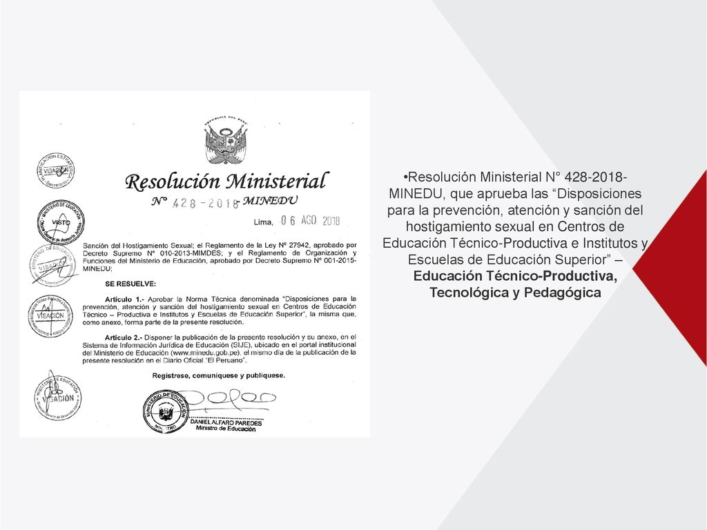 Resolución Ministerial N° MINEDU, que aprueba las Disposiciones para la prevención, atención y sanción del hostigamiento sexual en Centros de Educación Técnico-Productiva e Institutos y Escuelas de Educación Superior – Educación Técnico-Productiva, Tecnológica y Pedagógica
