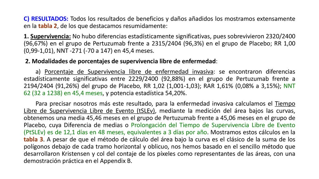 C) RESULTADOS: Todos los resultados de beneficios y daños añadidos los mostramos extensamente en la tabla 2, de los que destacamos resumidamente: