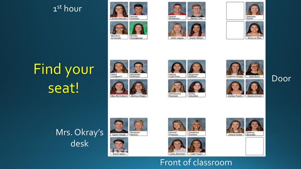 1st hour Find your seat! Door Mrs. Okray’s desk Front of classroom