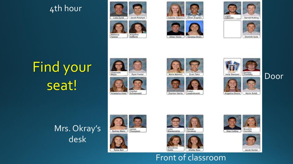 4th hour Find your seat! Door Mrs. Okray’s desk Front of classroom