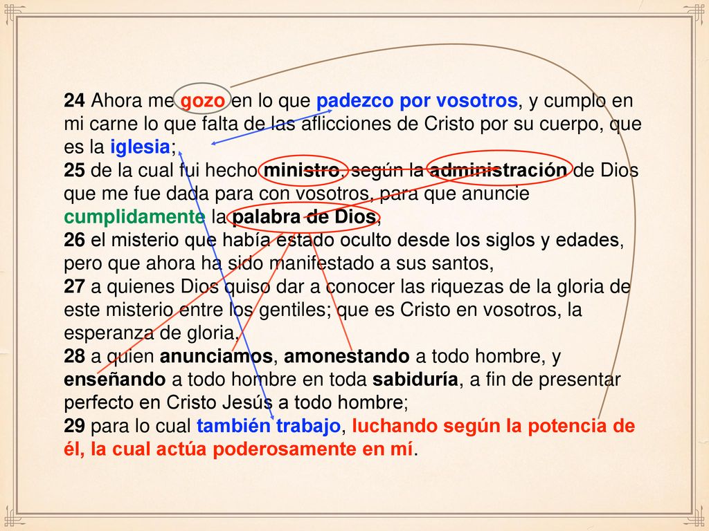 24 Ahora me gozo en lo que padezco por vosotros, y cumplo en mi carne lo que falta de las aflicciones de Cristo por su cuerpo, que es la iglesia;