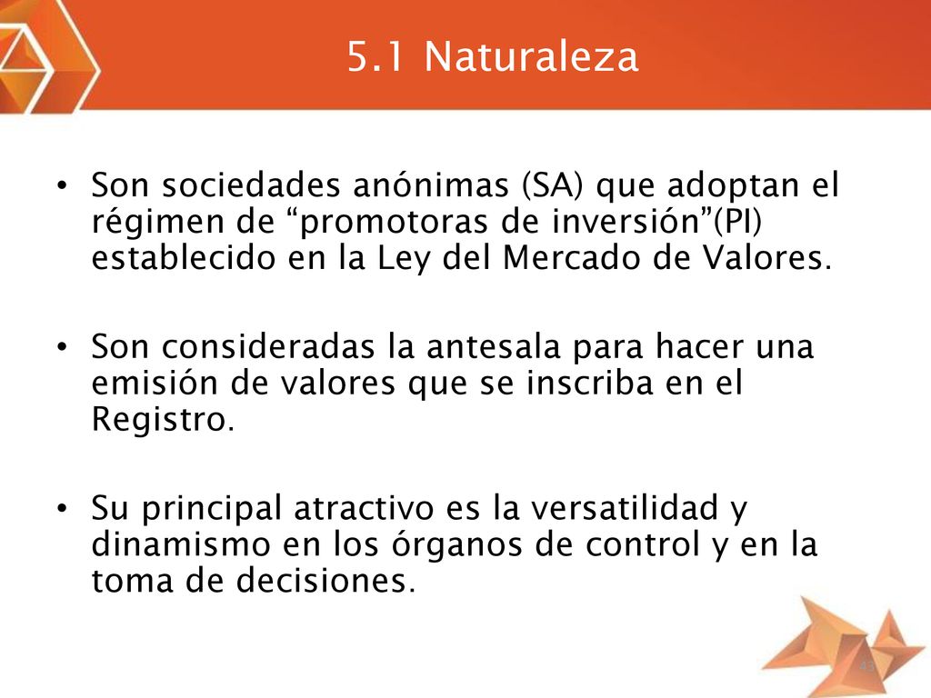 5.1 Naturaleza Son sociedades anónimas (SA) que adoptan el régimen de promotoras de inversión (PI) establecido en la Ley del Mercado de Valores.
