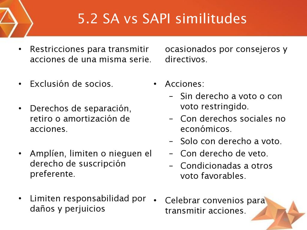 5.2 SA vs SAPI similitudes Limiten responsabilidad por daños y perjuicios ocasionados por consejeros y directivos.
