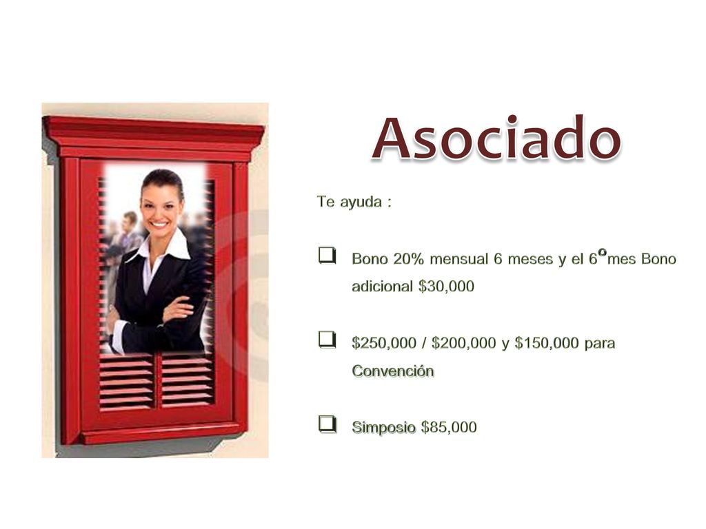 Asociado Te ayuda : Bono 20% mensual 6 meses y el 6°mes Bono adicional $30,000. $250,000 / $200,000 y $150,000 para Convención.
