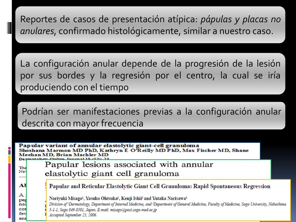 Reportes de casos de presentación atípica: pápulas y placas no anulares, confirmado histológicamente, similar a nuestro caso.