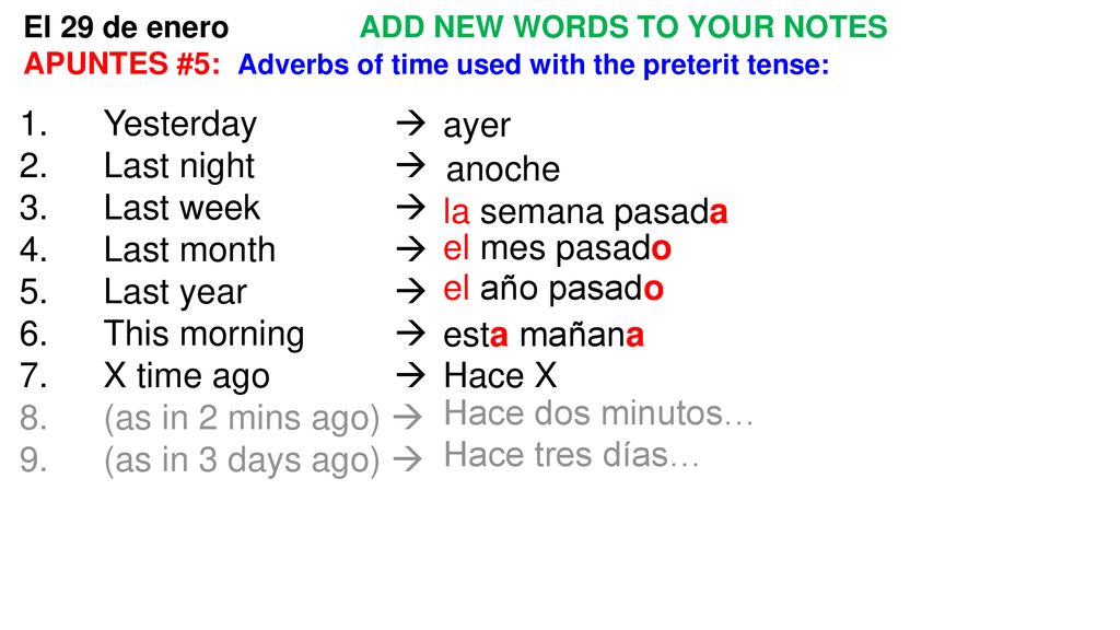 Yesterday  ayer Last night  Last week  anoche Last month 