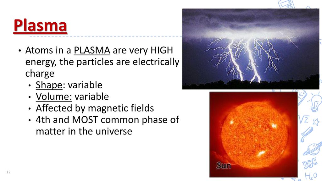 Plasma Atoms in a PLASMA are very HIGH energy, the particles are electrically charge. Shape: variable.