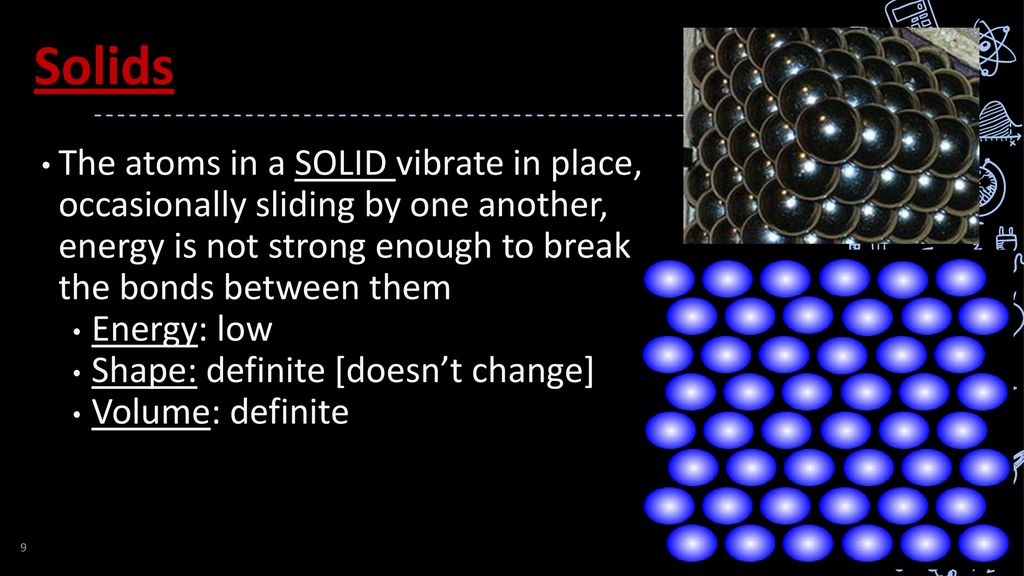 Solids The atoms in a SOLID vibrate in place, occasionally sliding by one another, energy is not strong enough to break the bonds between them.