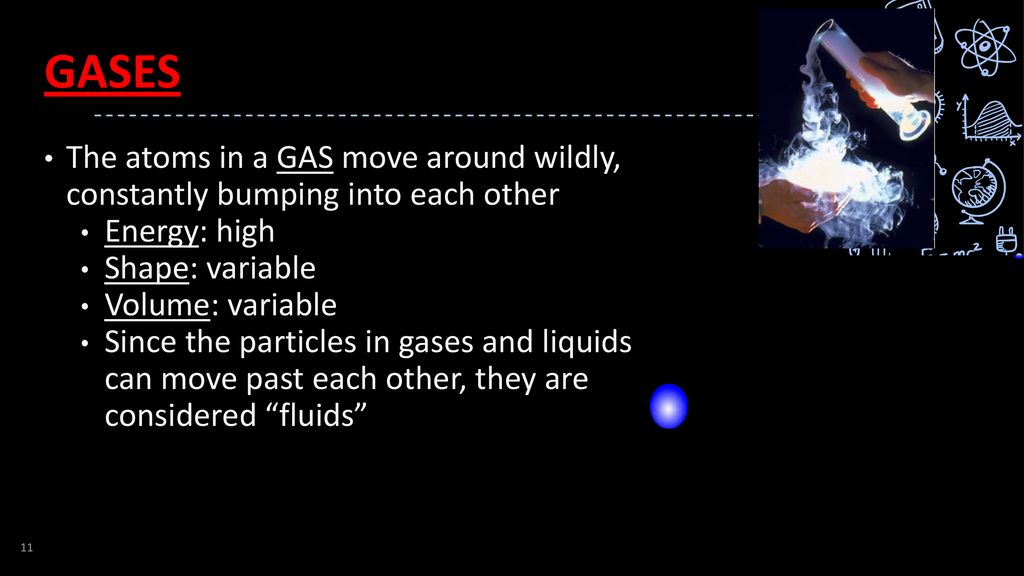GASES The atoms in a GAS move around wildly, constantly bumping into each other. Energy: high. Shape: variable.