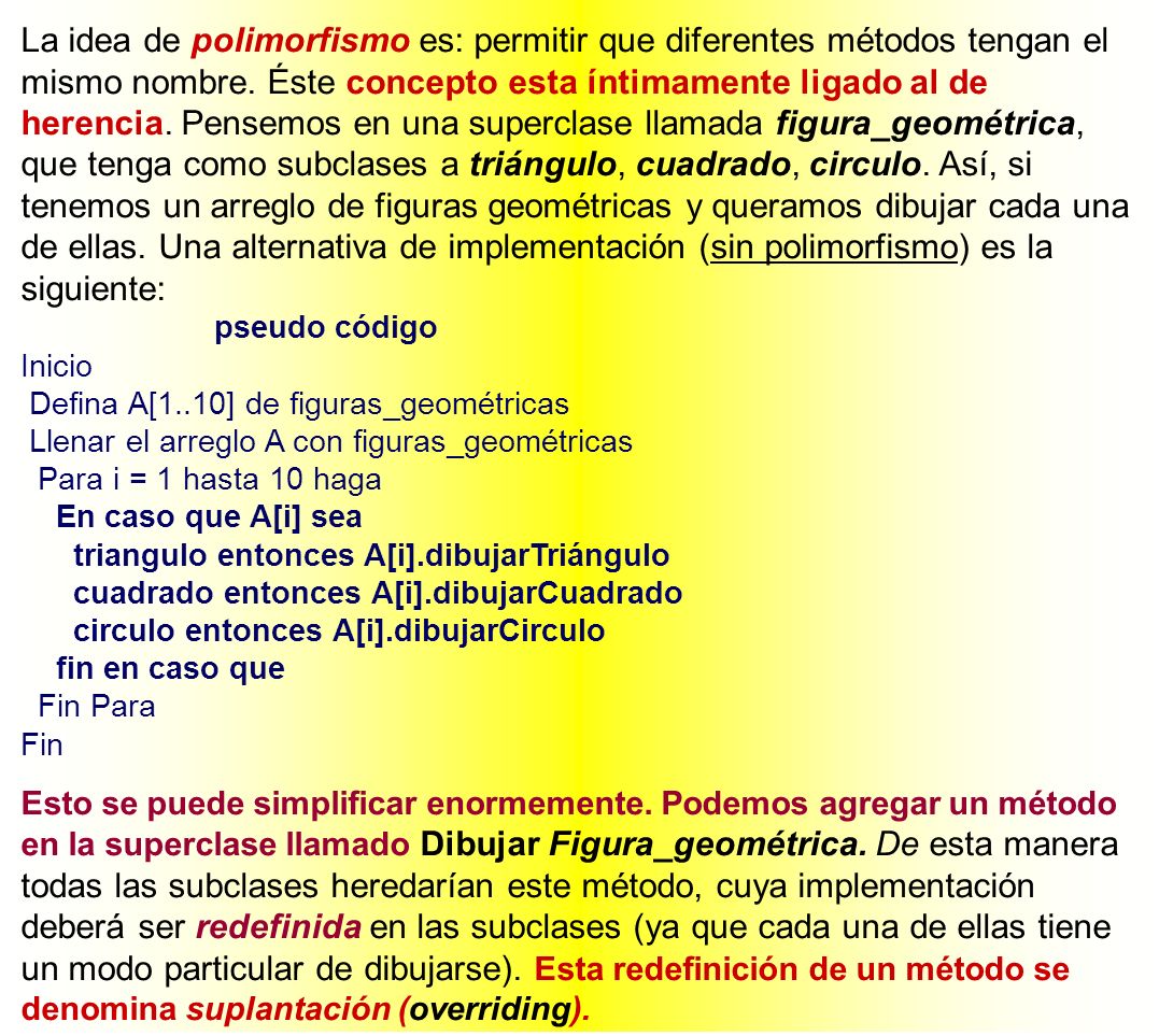 La idea de polimorfismo es: permitir que diferentes métodos tengan el mismo nombre. Éste concepto esta íntimamente ligado al de herencia. Pensemos en una superclase llamada figura_geométrica, que tenga como subclases a triángulo, cuadrado, circulo. Así, si tenemos un arreglo de figuras geométricas y queramos dibujar cada una de ellas. Una alternativa de implementación (sin polimorfismo) es la siguiente: