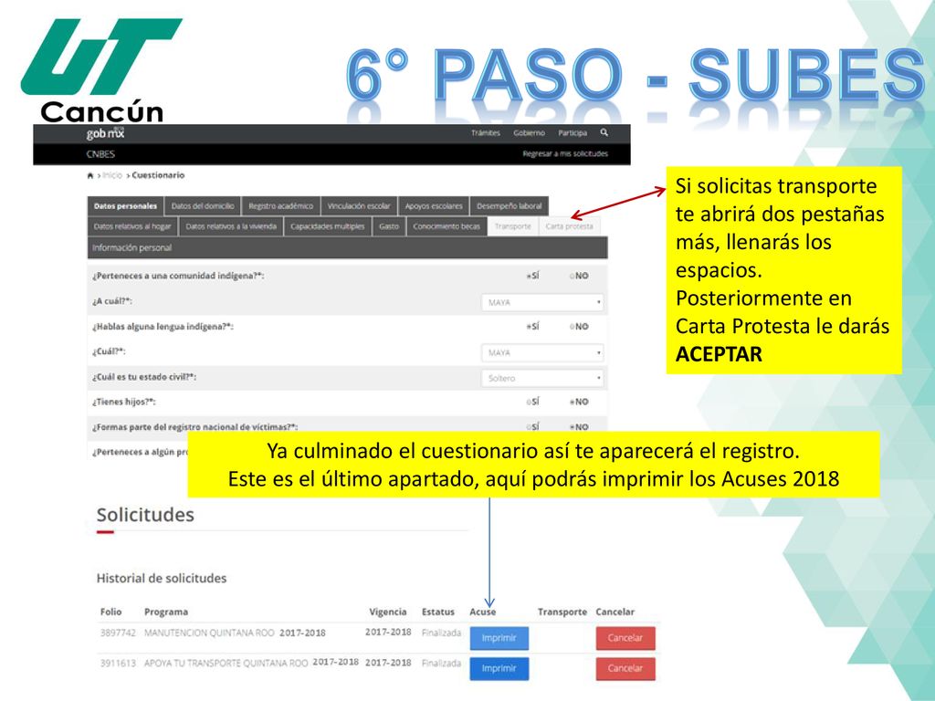 6° paso - subes Si solicitas transporte te abrirá dos pestañas más, llenarás los espacios. Posteriormente en Carta Protesta le darás ACEPTAR.