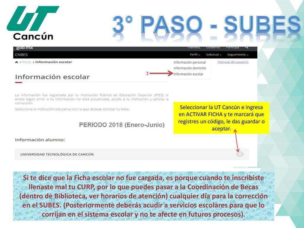3° paso - subes Seleccionar la UT Cancún e ingresa en ACTIVAR FICHA y te marcará que registres un código, le das guardar o aceptar.