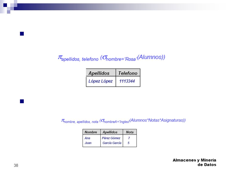 Ejemplos: Obtener los apellidos y teléfono de los alumnos de nombre Rosa. Obtener las notas obtenidas en la asignatura de Inglés.