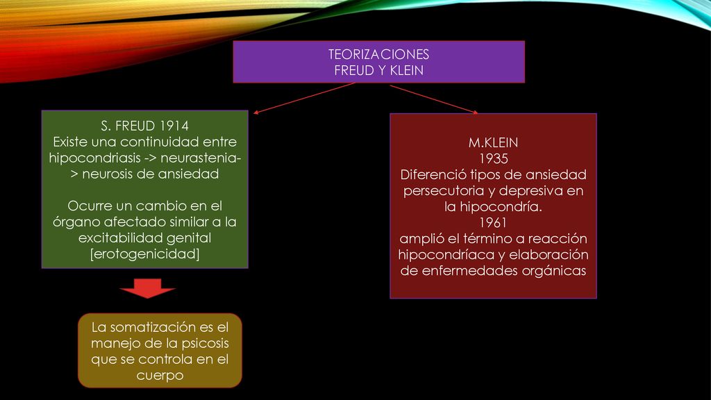 TEORIZACIONES FREUD Y KLEIN. S. FREUD Existe una continuidad entre hipocondriasis -> neurastenia-> neurosis de ansiedad.