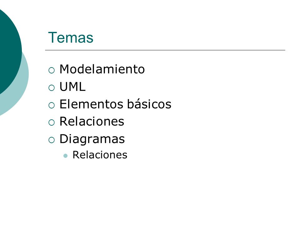 Temas Modelamiento UML Elementos básicos Relaciones Diagramas