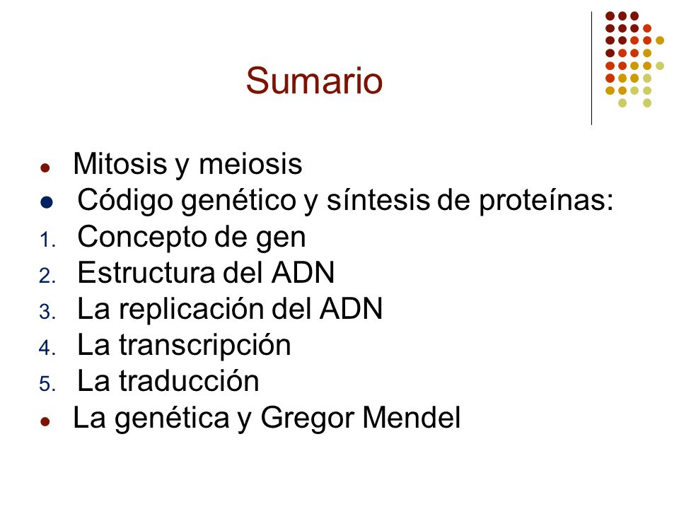 Sumario Mitosis y meiosis Código genético y síntesis de proteínas: