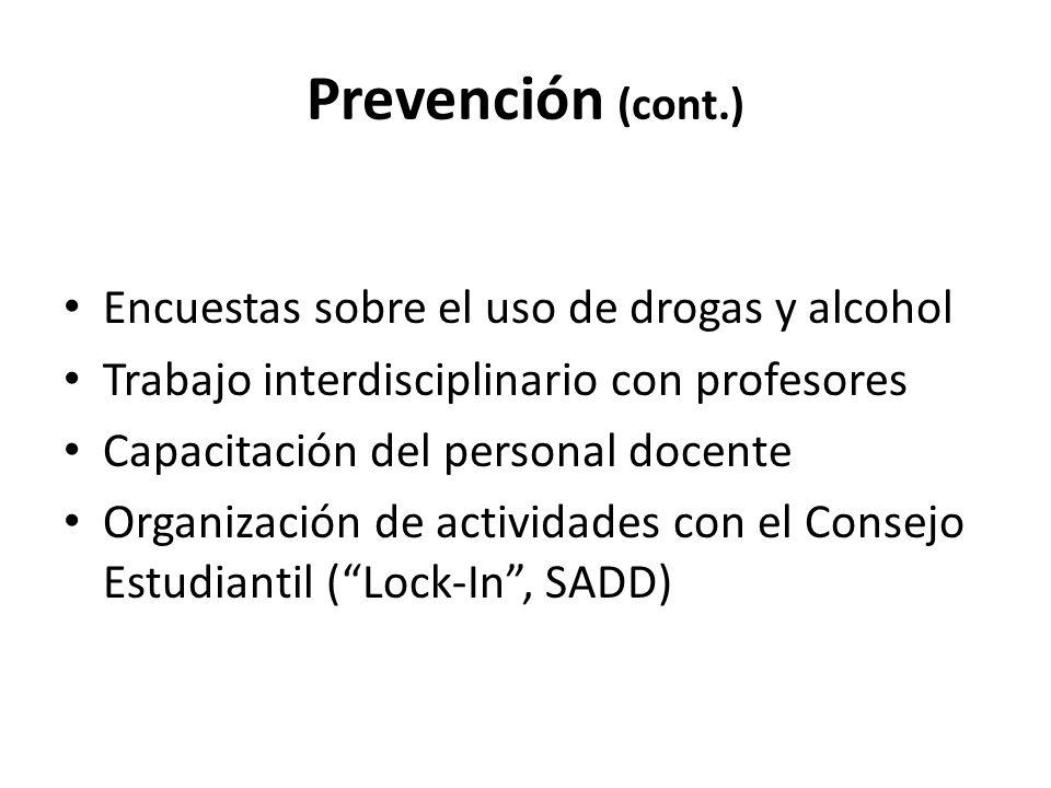 Prevención (cont.) Encuestas sobre el uso de drogas y alcohol