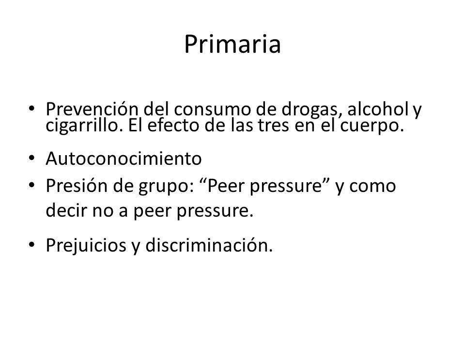 Primaria Prevención del consumo de drogas, alcohol y cigarrillo. El efecto de las tres en el cuerpo.