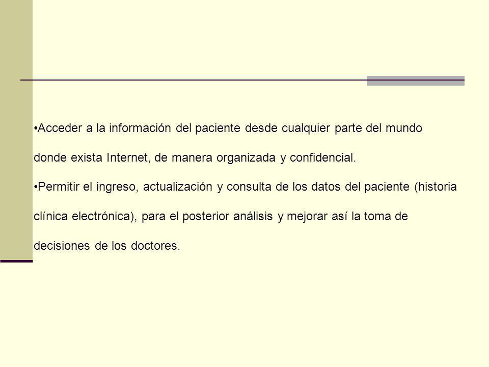 Acceder a la información del paciente desde cualquier parte del mundo donde exista Internet, de manera organizada y confidencial.
