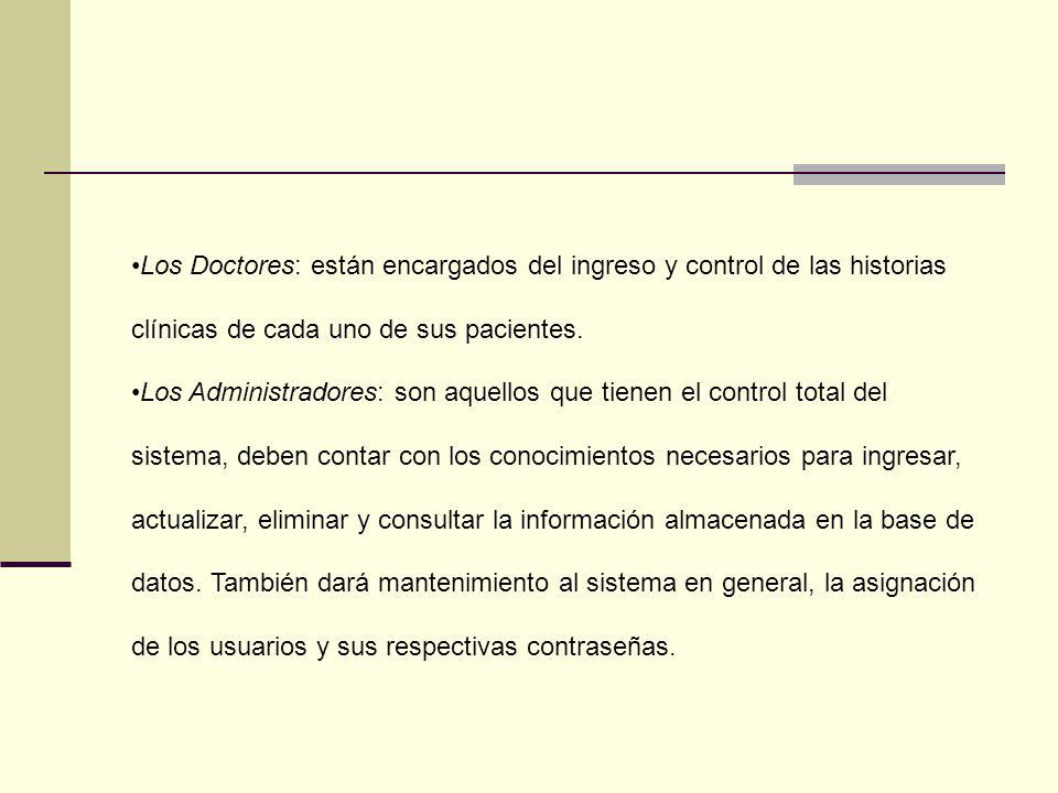 Los Doctores: están encargados del ingreso y control de las historias clínicas de cada uno de sus pacientes.