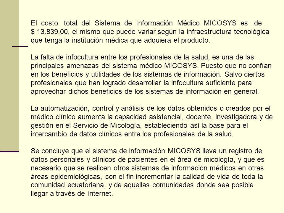 El costo total del Sistema de Información Médico MICOSYS es de $ 13