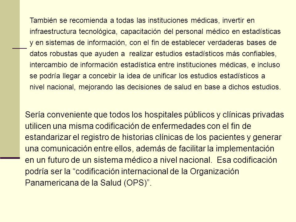 También se recomienda a todas las instituciones médicas, invertir en infraestructura tecnológica, capacitación del personal médico en estadísticas y en sistemas de información, con el fin de establecer verdaderas bases de datos robustas que ayuden a realizar estudios estadísticos más confiables, intercambio de información estadística entre instituciones médicas, e incluso se podría llegar a concebir la idea de unificar los estudios estadísticos a nivel nacional, mejorando las decisiones de salud en base a dichos estudios.