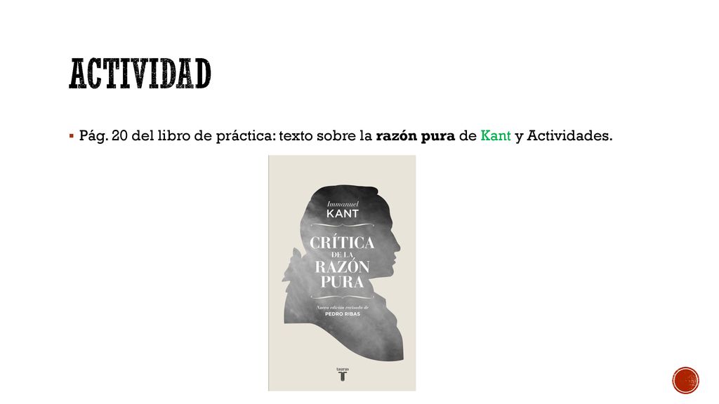 actividad Pág. 20 del libro de práctica: texto sobre la razón pura de Kant y Actividades.
