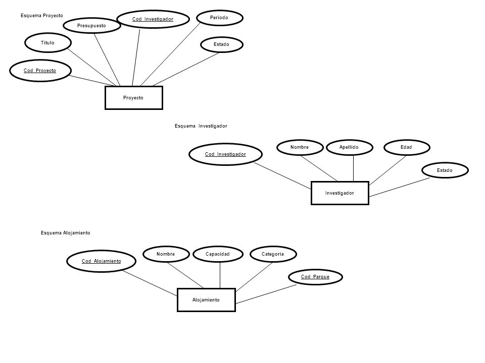 Cod_Proyecto Proyecto. Titulo. Periodo. Esquema Proyecto. Presupuesto. Cod_Investigador. Estado.